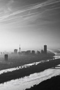 Preview wallpaper buildings, silhouettes, river, city, black and white