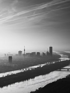 Preview wallpaper buildings, silhouettes, river, city, black and white