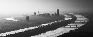 Preview wallpaper buildings, silhouettes, river, city, black and white