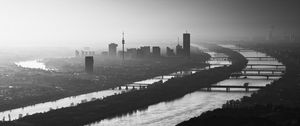 Preview wallpaper buildings, silhouettes, river, city, black and white