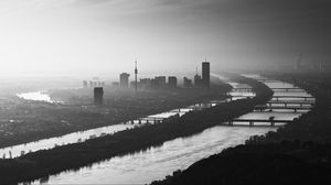 Preview wallpaper buildings, silhouettes, river, city, black and white