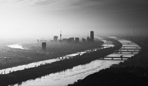 Preview wallpaper buildings, silhouettes, river, city, black and white