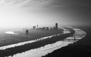 Preview wallpaper buildings, silhouettes, river, city, black and white