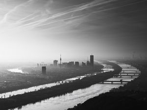 Preview wallpaper buildings, silhouettes, river, city, black and white