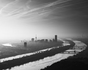 Preview wallpaper buildings, silhouettes, river, city, black and white