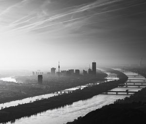 Preview wallpaper buildings, silhouettes, river, city, black and white