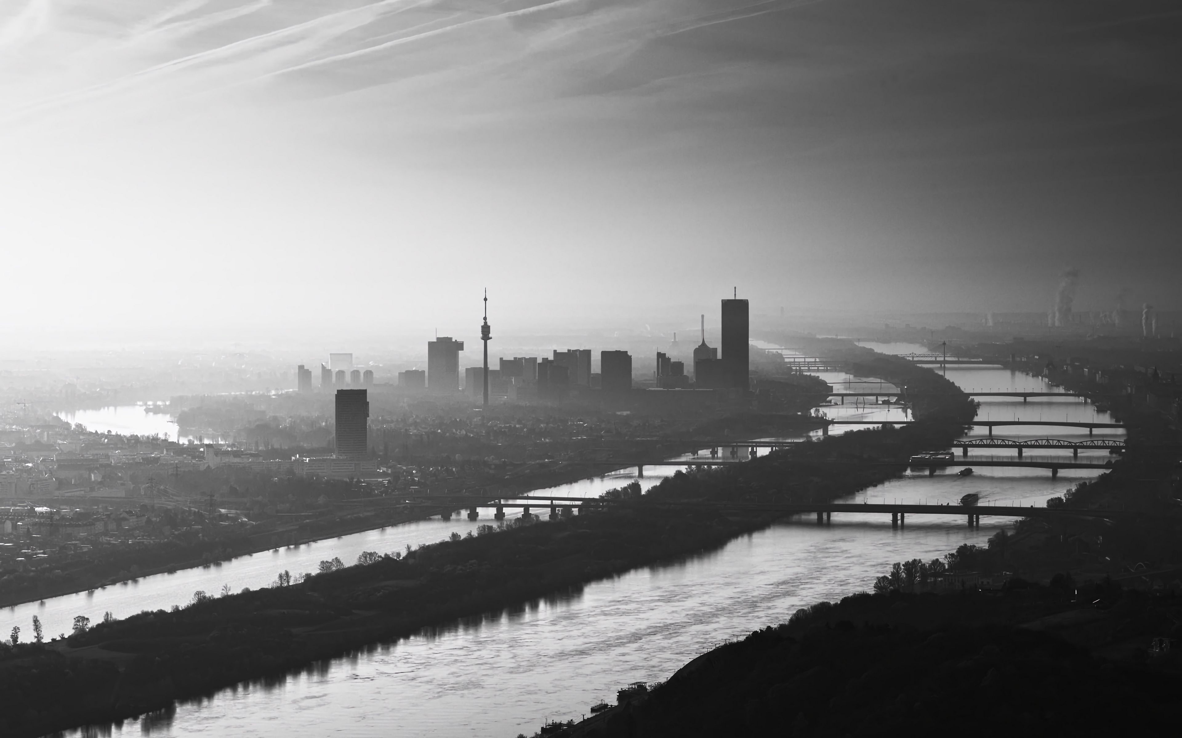 Download 3840x2400 buildings, silhouettes, river, <b>city</b>, <b>black</b> and white wal...