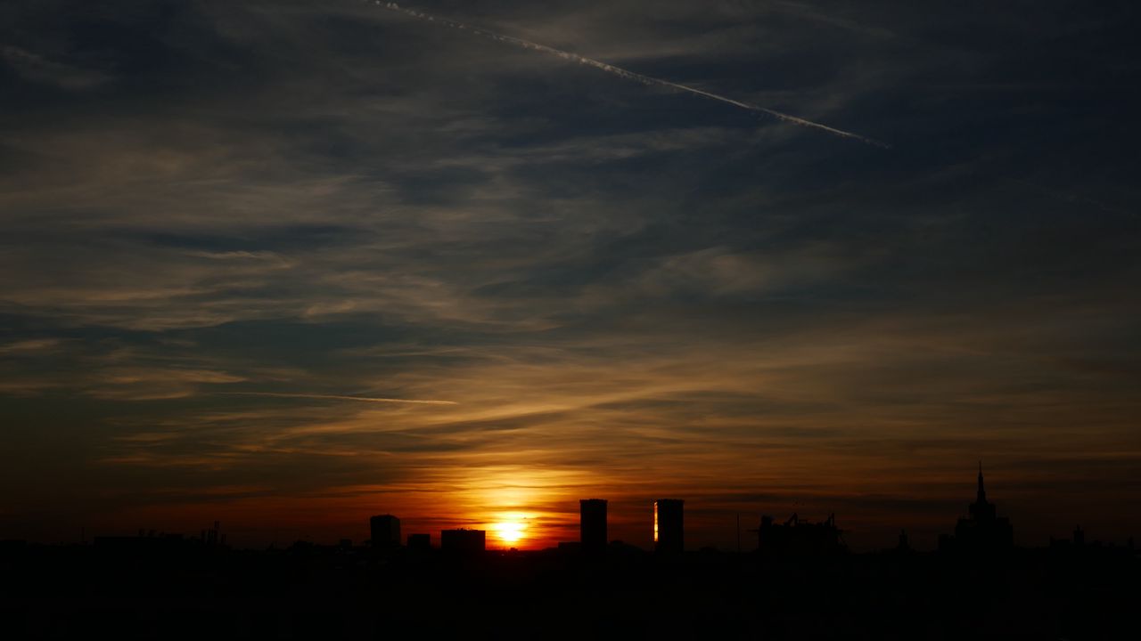 Wallpaper buildings, silhouettes, sunset, dark