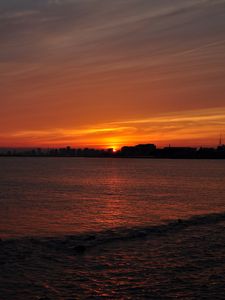 Preview wallpaper buildings, silhouettes, water, sunset, dark