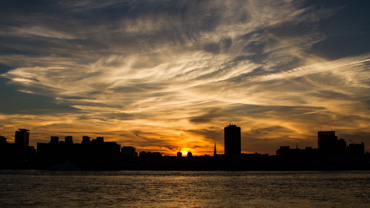 Wallpaper buildings, silhouettes, water, clouds, sunset, dark
