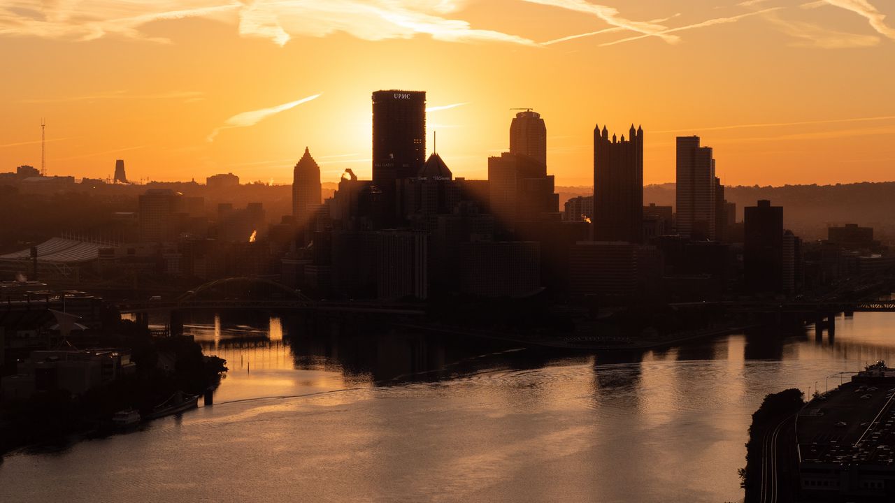 Wallpaper buildings, silhouettes, water, city, dawn