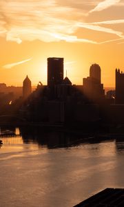 Preview wallpaper buildings, silhouettes, water, city, dawn