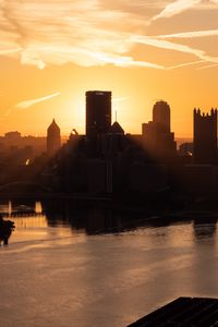 Preview wallpaper buildings, silhouettes, water, city, dawn