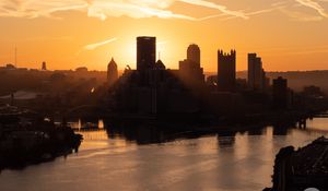 Preview wallpaper buildings, silhouettes, water, city, dawn