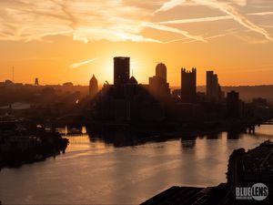 Preview wallpaper buildings, silhouettes, water, city, dawn