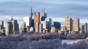 Preview wallpaper buildings, skyscrapers, architecture, trees, winter, city