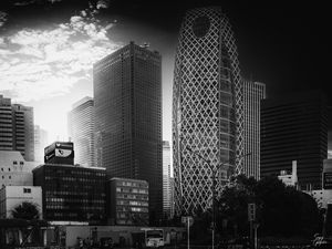 Preview wallpaper buildings, skyscrapers, black and white, city, architecture