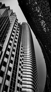 Preview wallpaper buildings, skyscrapers, bottom view, black and white