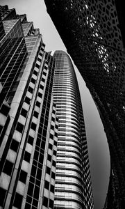 Preview wallpaper buildings, skyscrapers, bottom view, black and white