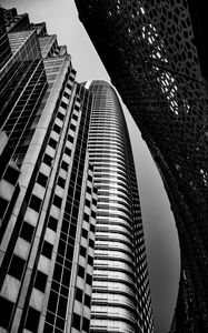 Preview wallpaper buildings, skyscrapers, bottom view, black and white