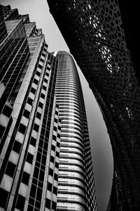 Preview wallpaper buildings, skyscrapers, bottom view, black and white