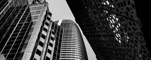 Preview wallpaper buildings, skyscrapers, bottom view, black and white