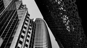 Preview wallpaper buildings, skyscrapers, bottom view, black and white