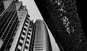 Preview wallpaper buildings, skyscrapers, bottom view, black and white