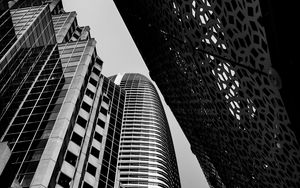 Preview wallpaper buildings, skyscrapers, bottom view, black and white