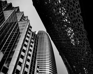 Preview wallpaper buildings, skyscrapers, bottom view, black and white