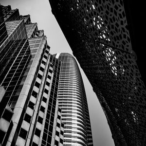 Preview wallpaper buildings, skyscrapers, bottom view, black and white