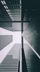 Preview wallpaper buildings, skyscrapers, bottom view, gray