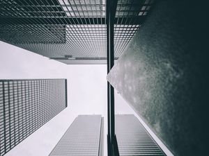 Preview wallpaper buildings, skyscrapers, bottom view, gray