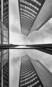 Preview wallpaper buildings, skyscrapers, bottom view, black and white, reflection