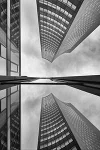 Preview wallpaper buildings, skyscrapers, bottom view, black and white, reflection