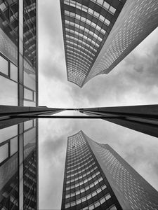Preview wallpaper buildings, skyscrapers, bottom view, black and white, reflection