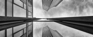 Preview wallpaper buildings, skyscrapers, bottom view, black and white, reflection