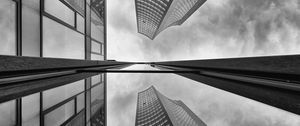Preview wallpaper buildings, skyscrapers, bottom view, black and white, reflection