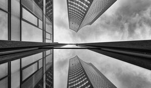 Preview wallpaper buildings, skyscrapers, bottom view, black and white, reflection
