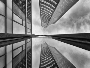 Preview wallpaper buildings, skyscrapers, bottom view, black and white, reflection