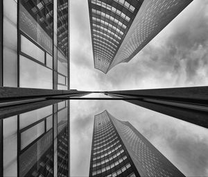 Preview wallpaper buildings, skyscrapers, bottom view, black and white, reflection