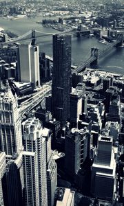 Preview wallpaper buildings, skyscrapers, bridges, river, black and white, city