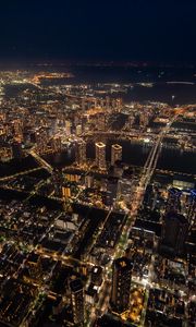 Preview wallpaper buildings, skyscrapers, lights, aerial view, height, city, night