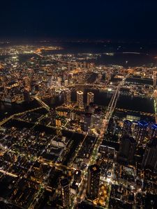 Preview wallpaper buildings, skyscrapers, lights, aerial view, height, city, night