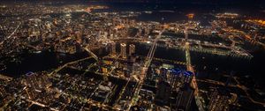 Preview wallpaper buildings, skyscrapers, lights, aerial view, height, city, night
