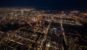 Preview wallpaper buildings, skyscrapers, lights, aerial view, height, city, night