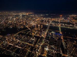 Preview wallpaper buildings, skyscrapers, lights, aerial view, height, city, night