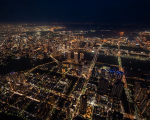 Preview wallpaper buildings, skyscrapers, lights, aerial view, height, city, night