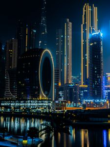 Preview wallpaper buildings, skyscrapers, night, backlight, dubai, uae