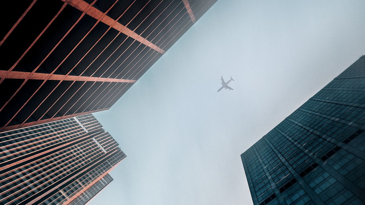 Wallpaper buildings, skyscrapers, plane, facades, view from below